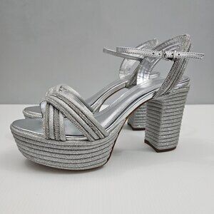 Schutz Latifah Rhinestone Platform Heels Womens 9.5 Silver Strappy Sparkly Glam